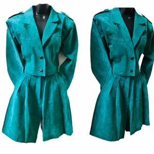 Vintage Cayenne Leather Teal Genuine Suede Jacket & Bermuda Short Set Size S